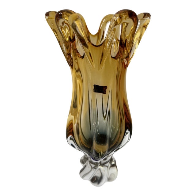 Organic Modern Bohemian Amber Art Glass Vase from Egermann Glassworks, Czech Republic, 1980s For Sale