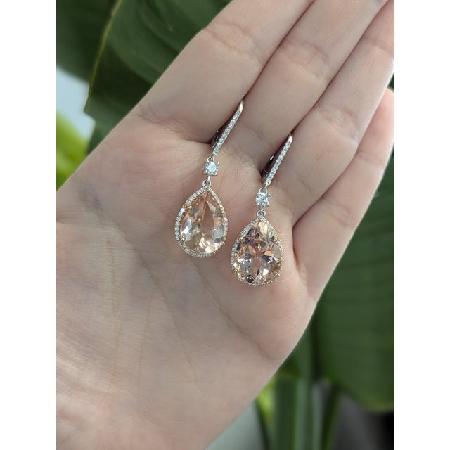 14x10mm, 10cts - Peach Morganite Earrings W Natural Diamonds in Solid 14k Gold- Set of 2 For Sale In Columbus - Image 6 of 6