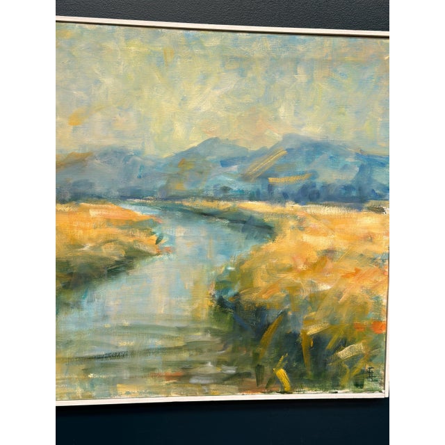 Mid-Century Modern River Landscape with Mountains, 1960s, Oil on Canvas, Framed For Sale - Image 3 of 18