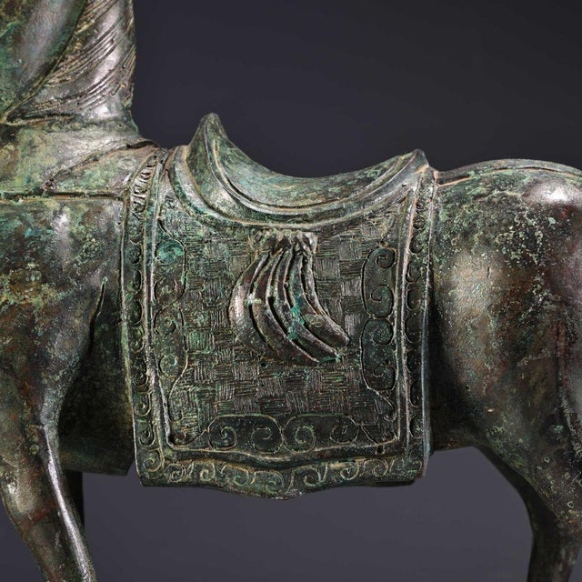 Metal Bronze Horse Figure - Archaic Style Statue With Saddle For Sale - Image 7 of 10