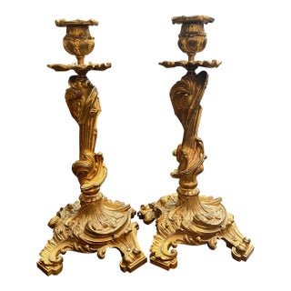 Pair of French Louis XV Style Gilt Bronze (Ormolu) Candlesticks For Sale
