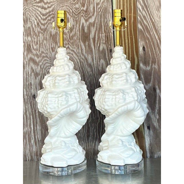 Vintage Coastal Glazed Ceramic Conch Lamps - a Pair For Sale - Image 4 of 6