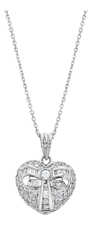 Diamond Heart Shaped Pave Pendant with Bow .61cttw 18K White Gold 16"