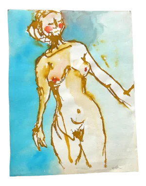 "French Nude" Contemporary Abstract Figurative Watercolor and Ink Painting on Paper