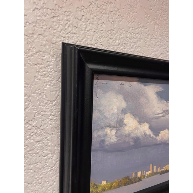 Contemporary Sloan's Lake by Diego Glazer | Oil on Panel City skyline reflected in a lake at dusk. For Sale - Image 3 of 5