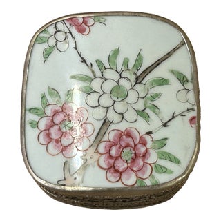 3.5" Chinese Old White Base Pink Flower Graphic Porcelain Art Pewter Box For Sale