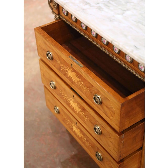 Mid-Century French Louis XVI Marquetry Marble-Top Commode À L’Anglaise For Sale - Image 9 of 12