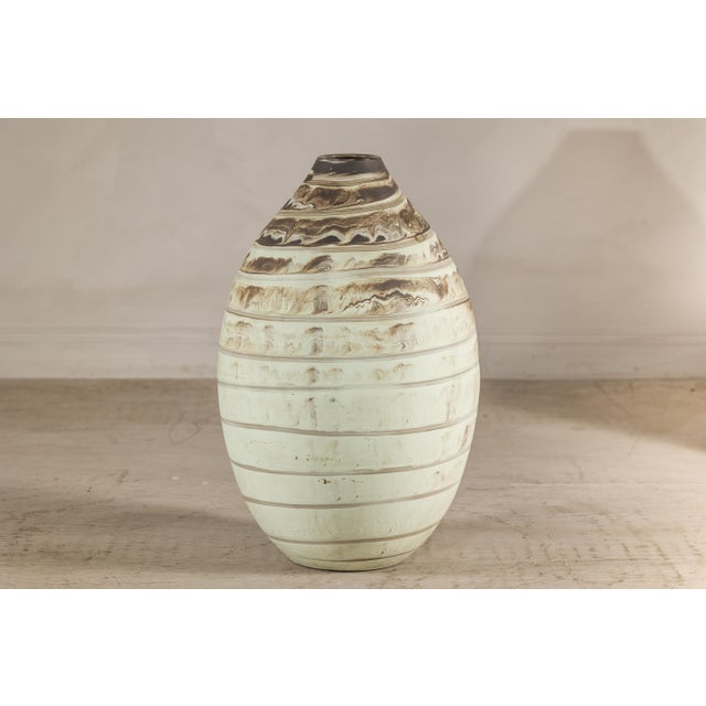 Late 20th Century Large Artisan Cream Glazed Ceramic Vase with Brown Striated Bands For Sale - Image 5 of 17