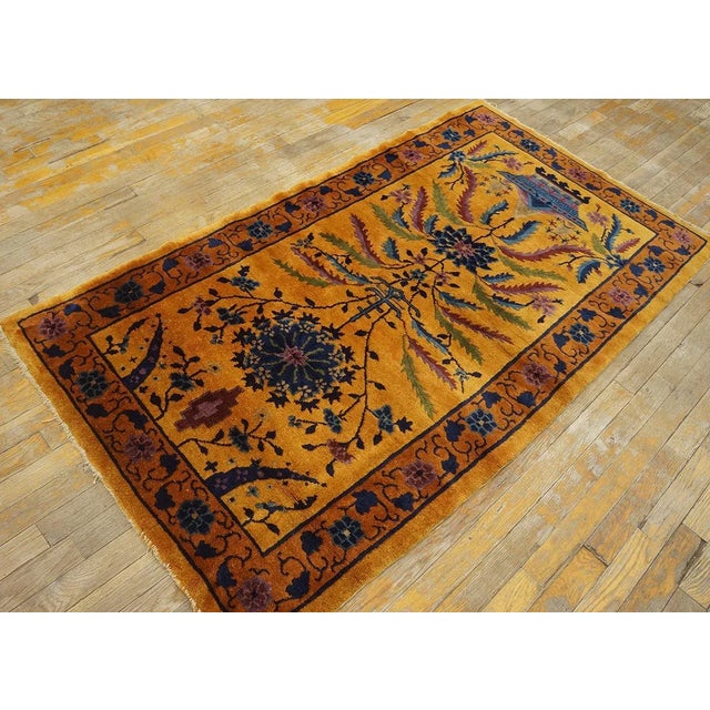 Art Deco 1920s Goldenord Floral Antique Chinese Art Deco Carpet 3'' X 5'6'' Knotted Wool Rug For Sale - Image 3 of 12