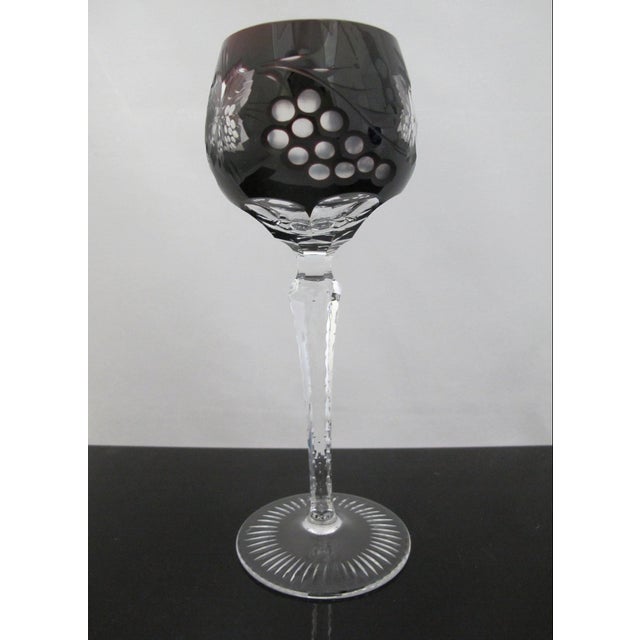 Traditional Bohemian Cobalt Blue & Red Grape Cut Crystal 8 1/2" Hock Wine Glass Pair For Sale - Image 3 of 15