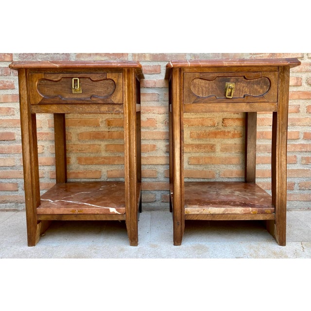 Early 20th Century Walnut Nightstands with Marble, 1940s, Set of 2 For Sale - Image 17 of 18