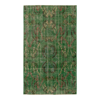 1960s Distressed Art Deco Rug in Green, Black Geometric Pattern For Sale