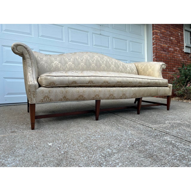 Scroll Arm Down Filled Camelback Sofa- Reupholstered in Golden Cream Damask Silk For Sale - Image 11 of 12