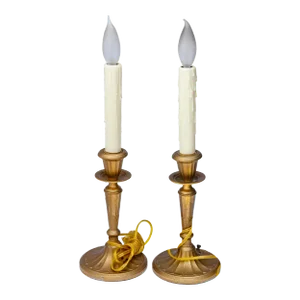 1940s Gilt Metal Candlestick Lamps, a Pair
