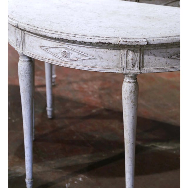 Wood Pair of 19th Century French Directoire Carved Painted Demilune Console Tables For Sale - Image 7 of 11