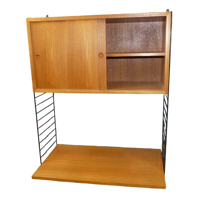 Mid-Century Modern Teak String Shelving Unit with Wall Cabinet, Desk Shelf and Black Ladders by Kajsa & Nils Nisse Strinning for String, Sweden, 1960s For Sale