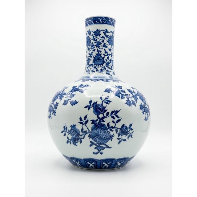 Pair of Vintage Blue & White Porcelain Globular Vases Chinoiserie Pomegranate & Floral Bott For Sale In West Palm - Image 6 of 12