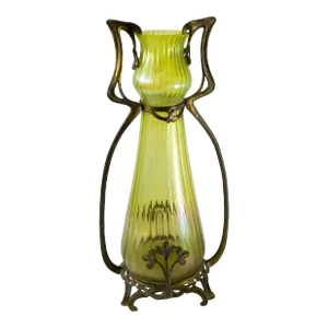19th Century Bohemian Art Nouveau Loetz Iridescent Green Glass Vase With Metal Mounts