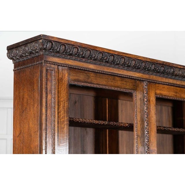 English Carved Oak Breakfront Glazed Bookcase, 1870s For Sale - Image 11 of 18
