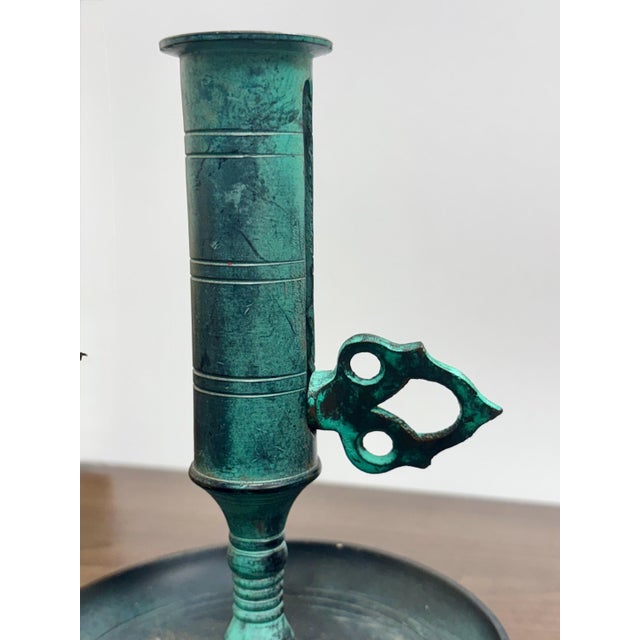 1970s Vintage Oxidized Brass Candlestick With Candle Push Handle For Sale - Image 5 of 12