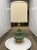 Tall porcelain ginger jar lamp, with crackle glaze finish, brass trim, and large Frederick Cooper barrel shade,...