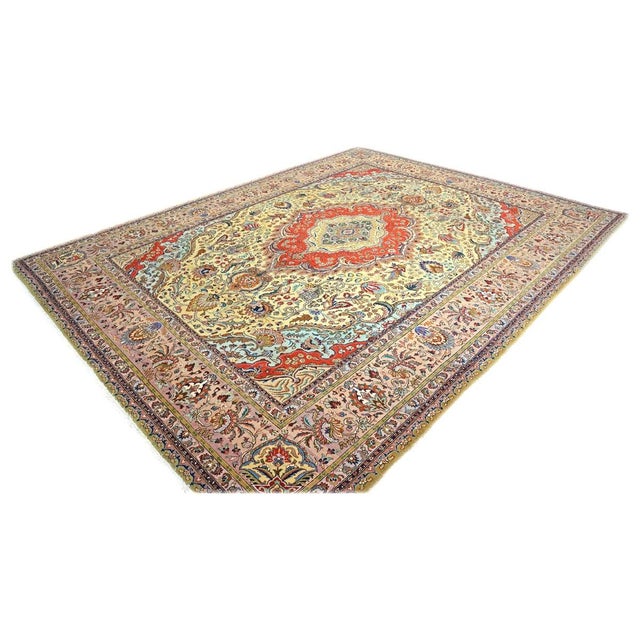 Traditional Antique Persian Tabriz Wool 9x12 Yellow, Taupe & Rose Handmade Area Rug #9902296 For Sale - Image 3 of 11
