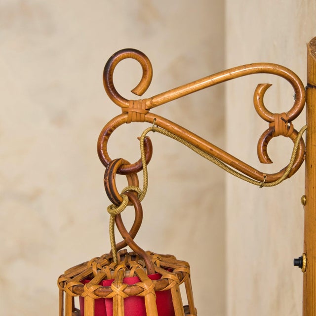 Wood Pair of Italian Rattan + Bamboo Sconces with Red Diffusers, 1970s For Sale - Image 7 of 10