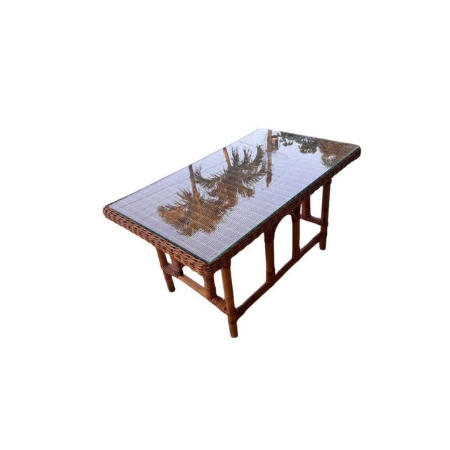 Vintage MCM Wicker Rattan Coffee Table With Glass Top For Sale - Image 10 of 11