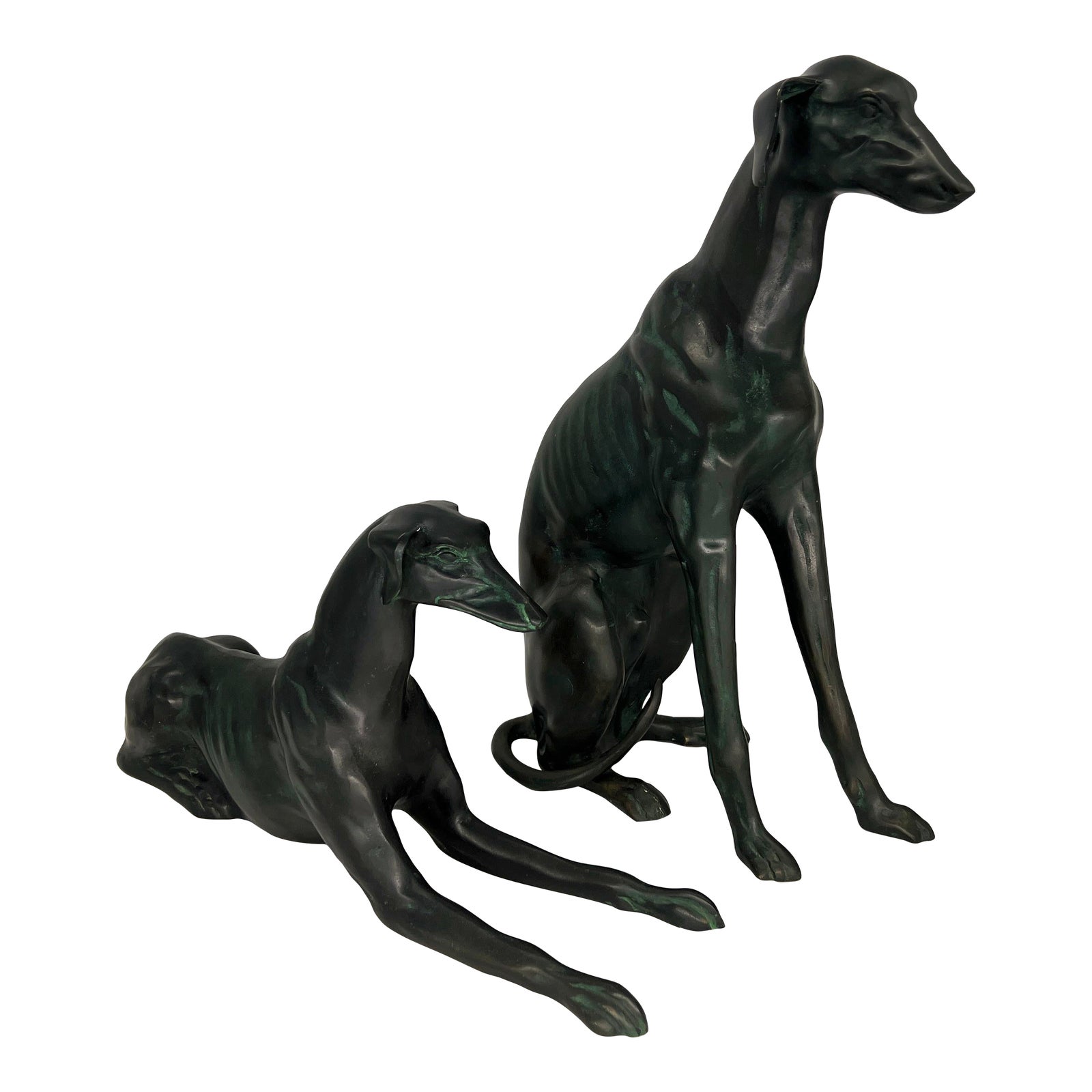Pair, Heavy Patinated Bronze Whippet Dog Statues Chairish