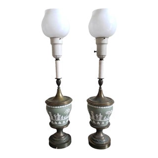 Turquoise Green Wedgewood Jasperware and Brass Torchiere Table Lamps, a Pair For Sale