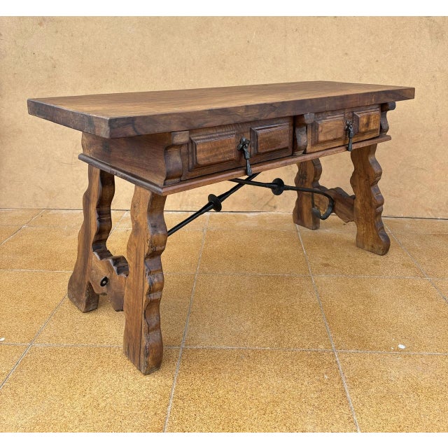 Low Rustic Oak Table with Drawers and Iron Stretcher, 1940 For Sale - Image 6 of 11