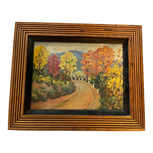 Vintage Signed Acrylic on Board Painting of a Country Road in Autumn in the Hudson Valley For Sale