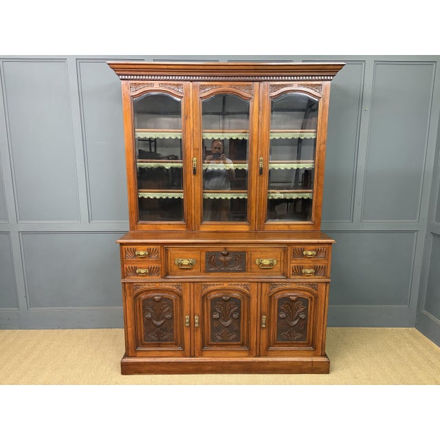 Victorian Carved Walnu Bookcase witht Secretaire, 1880 For Sale - Image 12 of 18