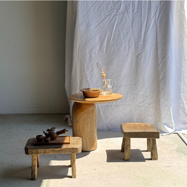 Small stool, square solid teak occasional stool with a wabi-sabi curved seat. Minimalist, raw design, a beautiful piece...