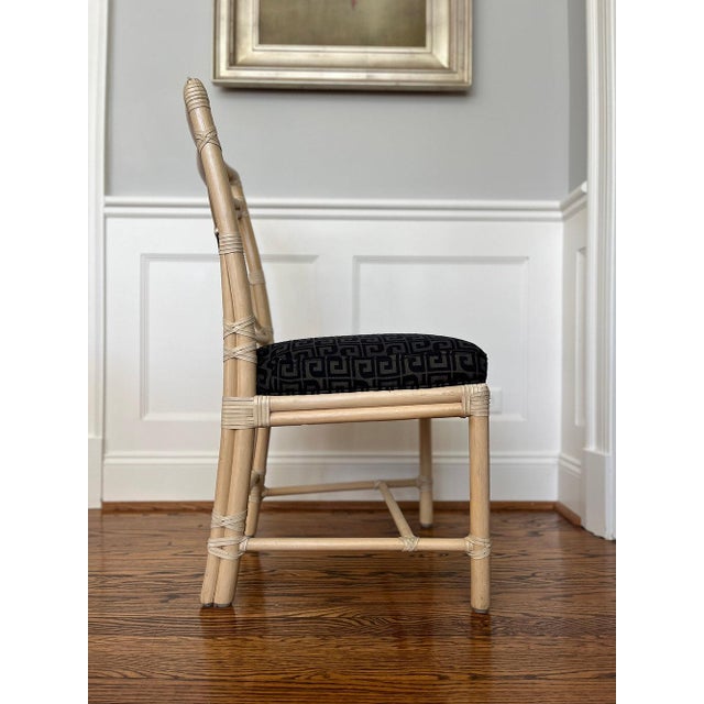 1980s 1980s McGuire Rattan Target Back Chairs with Thibaut Greek Key Upholstery, Set of 4. For Sale - Image 5 of 8