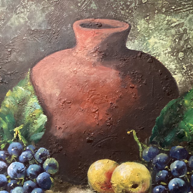 Vintage Still Life Oil Painting "Fruits and Clay Pot" Signed by Artist Framed For Sale - Image 4 of 12