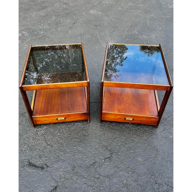 Mid-Century Modern Mid Century Modern Side Tables With Smoked Inset Glass | in the Style of John Keal for Saltman Brown For Sale - Image 3 of 12