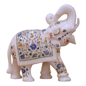 Mid-Century Indian Marble Elephant With Pietra Dura Floral Inlay