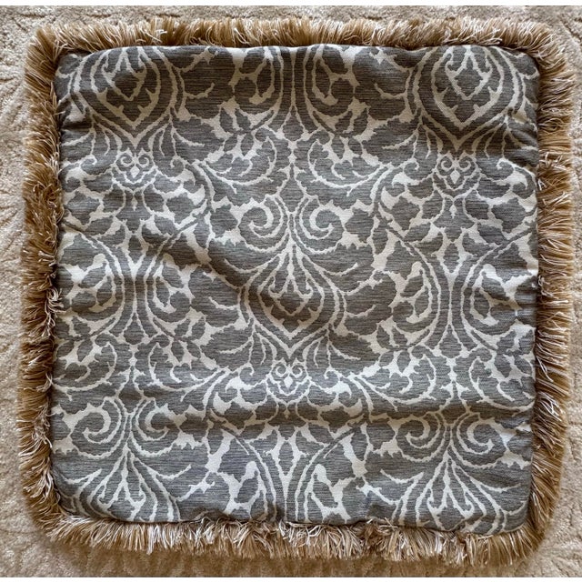 Ethan Allen Pair of Ethan Allen Luxury Gray & Ivory Damask Upholstery Weight Decorative Pillows With Fringe For Sale - Image 4 of 9