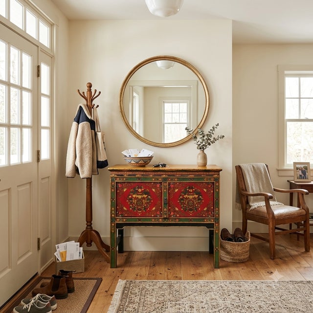 Asian Tibetan Style Floral Graphic Red Green Yellow Console Credenza Table For Sale - Image 9 of 11