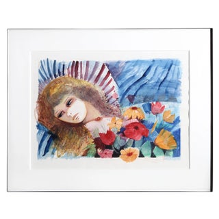 Charles Levier, Reclining Woman and Flowers, Watercolor on Paper, Signed For Sale