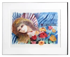 Charles Levier, Reclining Woman and Flowers, Watercolor on Paper, Signed