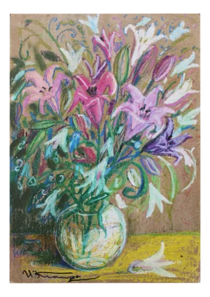 Uldis Krauze, Flowers in a Glass Vase Mixed Media on Cardboard