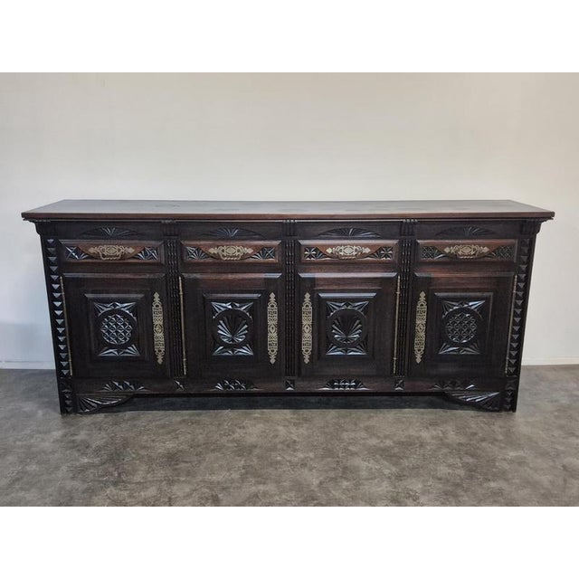 Breton Sideboard with Four Doors in Carved Oak and Brass For Sale - Image 4 of 10