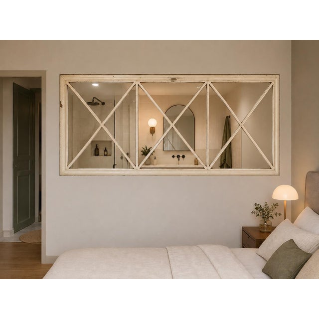 Antique glazed transom window in painted wood and glass, featuring an elegant geometric latticework design. This beautiful...