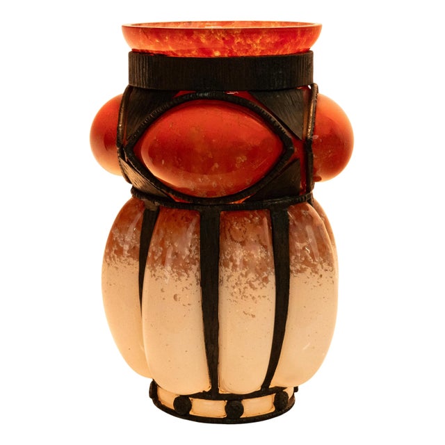 Antique French Art Deco Glass & Iron Vase Charles Schneider Edgar Brandt 1920 For Sale - Image 9 of 9