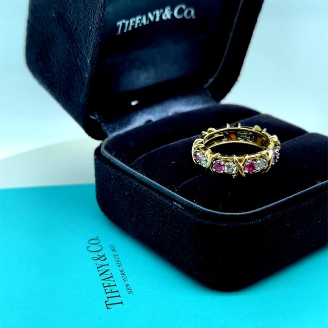 Tiffany & Co. Platinum Schlumberger Diamond & Sapphire Ring 1.34ct 7.1g, Size 5.5 For Sale - Image 9 of 9