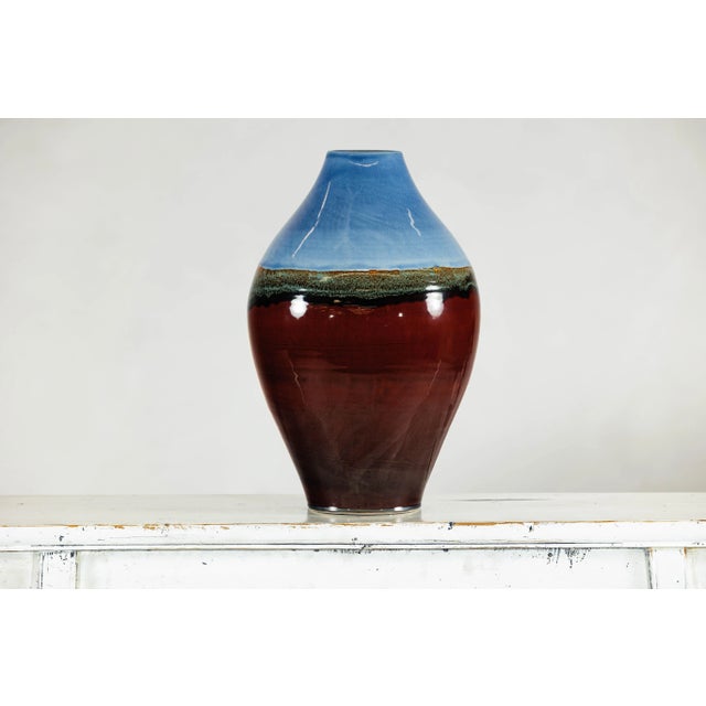 Large Glazed Ceramic Vase with Blue, Green, and Brown Tones For Sale - Image 9 of 12