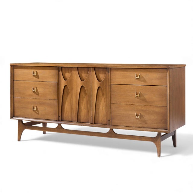 Mid-Century Modern Broyhill Brasilia Mid Century Walnut and Brass Lowboy Dresser For Sale - Image 3 of 9