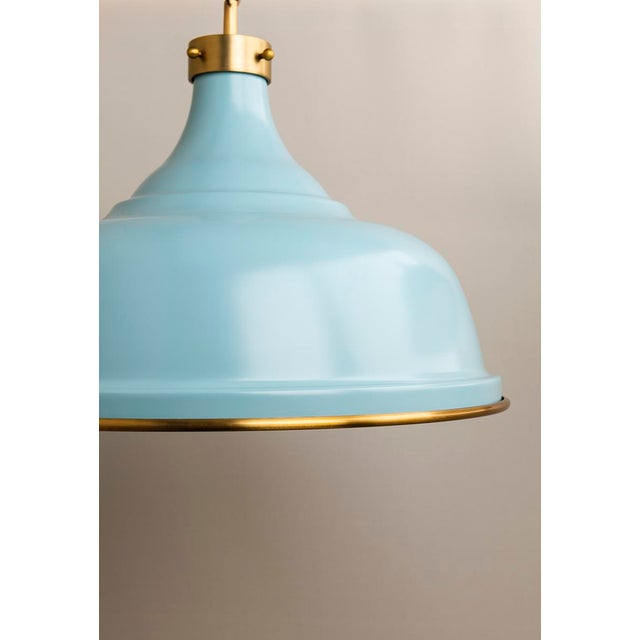 Transitional Mark D. Sikes 3 Light Painted No. 1 Pendant, Aged Brass & Baby Blue For Sale - Image 3 of 7